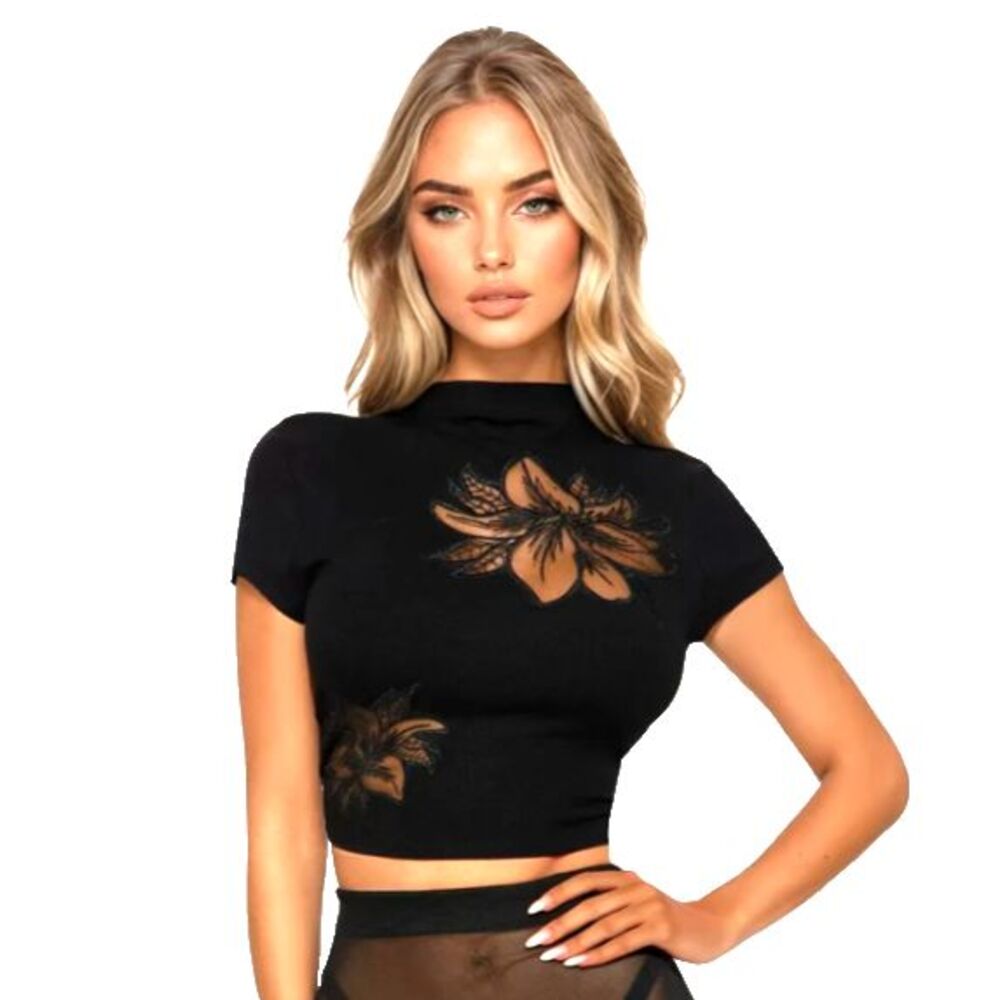 Fashion Nova Black Gemma Mock Neck Short Sleeve Floral Mesh Embroidered Top XS